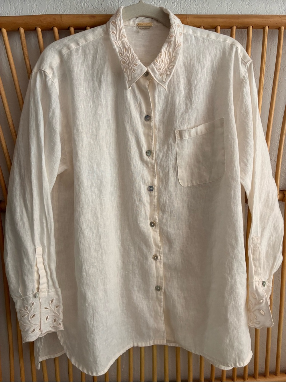 Magaschoni Cream Embroidered-Collar Linen Button-Down Shirt